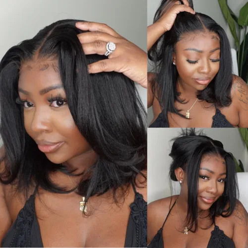 Vista 27 de UNICE Yaki Peluca Bob Recta de Cabello Humano con Cordón Adiós Nudos Sin Pegamento 7x5 Pelucas Frontales de Encaje de Cabello Humano Pre Desplumadas