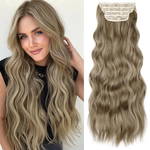 Vista 45 de KooKaStyle Extensiones de cabello sintético con pinzas, largo, ondulado, grueso, balayage, marrón chocolate a rubio caramelo, fibra 10H26
