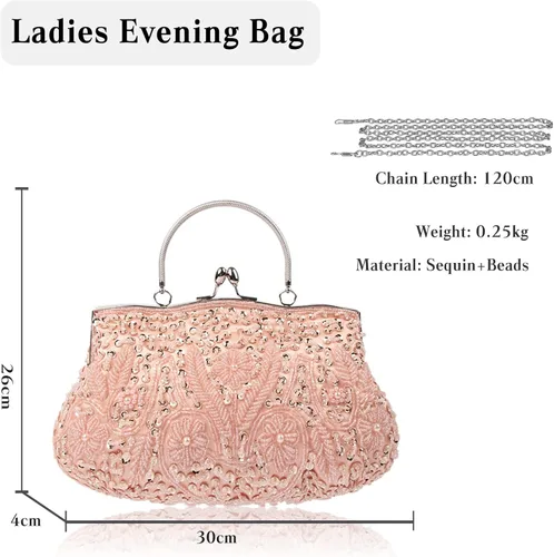 Vista 3 de Bolso de mano de noche para mujer, estilo vintage, con cuentas, con lentejuelas, bolso de boda