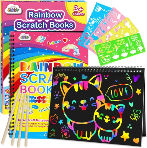 Vista 8 de ZMLM Regalo de manualidades de papel para rascar, paquete de 2 cuadernos de arcoíris, suministros de juguetes, rellenos para cesta de Pascua