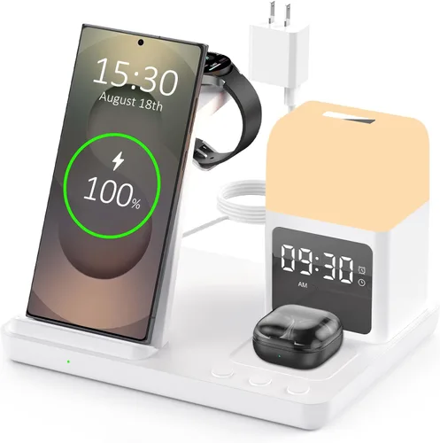 Vista 4 de Cargador inalámbrico para estación de carga Samsung/Android, cargador de reloj rápido 6 en 1 con reloj despertador, luz nocturna, compatible
