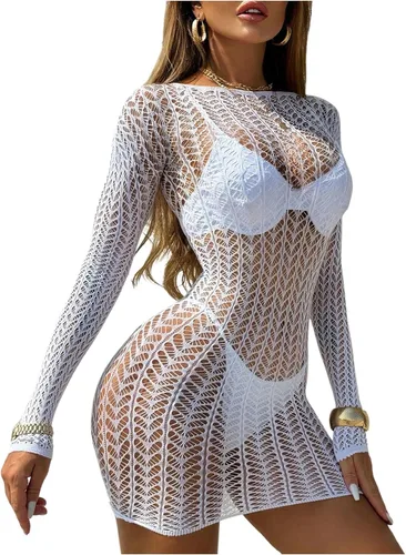 Vista 7 de SHENHE Traje de baño de malla de malla para mujer, transparente, sexy, de manga larga, vestido de playa Negro