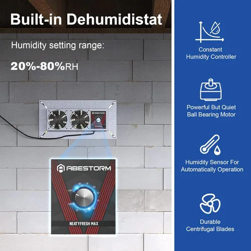 Vista 3 de Ventilador Abestorm para espacio de gateo con humidistato, ventiladores de sótano con deshumidistato y termostato de protección contra congelación