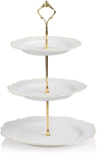 Vista 23 de Sweejar Soporte de cerámica para tartas de 3 niveles, soporte para postres, soporte para cupcakes, bandeja para servir pasteles de fiesta de té