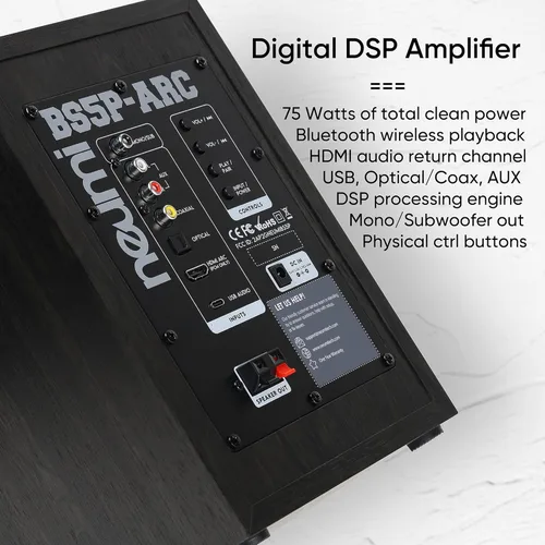 Vista 6 de NEUMITECH NEUMI BS5P-ARC Altavoces de estantería con alimentación de 75 vatios, Bluetooth, HDMI, USB, Óptico, Coaxial, Control remoto, Woofer de 5