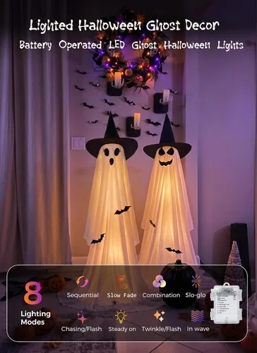 Vista 4 de Minetom 2 Pack Outdoor Halloween Ghost Decorations, Light Up Ghosts 2 witch hats