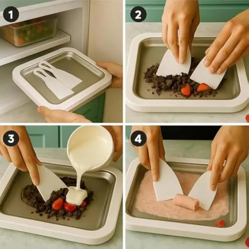 Vista 2 de Máquina de helados enrollada con 2 espátulas, bandeja de helado de acero inoxidable, rosa, bandeja de postre congelada para uso doméstico (blanco)