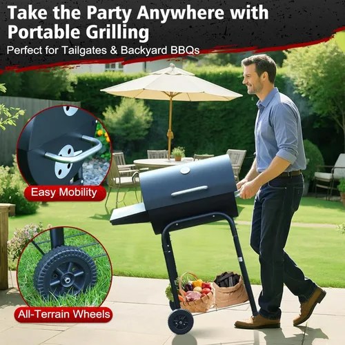 Vista 4 de Parrilla de carbón de barril: parrilla de BBQ al aire libre premium espaciosa con mesa lateral - Ideal para cocinar en el patio, asar en el patio