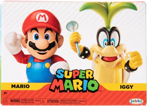 Super Mario Nintendo - Figura de acción de 4 pulgadas, paquete de 2 unidades, Mario Vs. Iggy Koopa