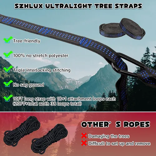 Vista 5 de SZHLUX Correas de hamaca para árboles, juego de dos de 10 pies de largo, con 38 bucles y 2 mosquetones, accesorios esenciales para hamaca
