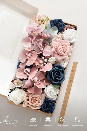 Vista 5 de Ling's moment Caja de flores falsas, tallos de vegetación artificiales artificiales, rosas de espuma, orquídea de seda, ranúnculo, flor fábica