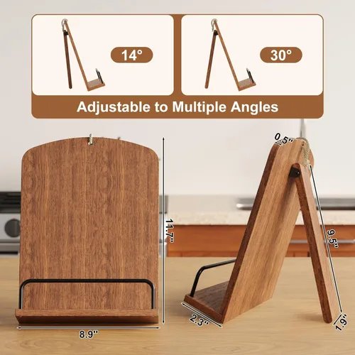 Vista 3 de Soporte de madera para encimera de cocina, soporte para libros de cocina marrón rústico que se adapta a exhibición colgante o de encimera, soporte
