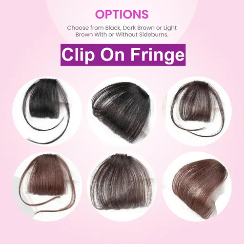 Vista 3 de Glamza Clip en fleco frontal con fleco "Big Bang" para mujer, disponible en negro, marrón oscuro o marrón claro con o sin patillas (negro