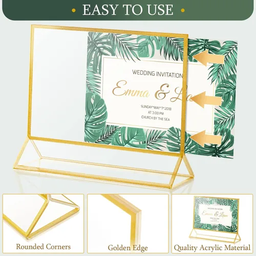 Vista 3 de 12 marcos dorados de acrílico transparente, soporte de exhibición de menú de doble cara con bordes dorados, soporte de número de mesa de 0.079