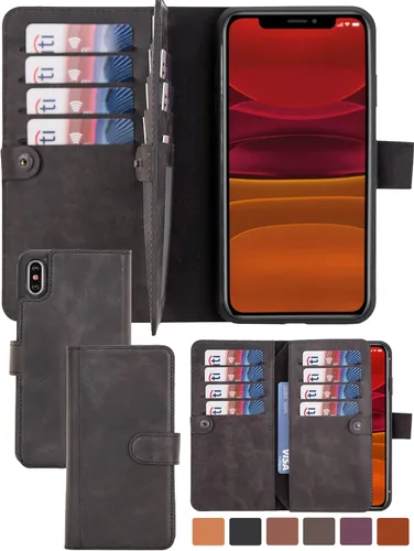 Vista 16 de HARDISTON Funda de piel auténtica de alta calidad hecha a mano para iPhone XR, tarjetero doble, funda magnética desmontable, función atril Marrón