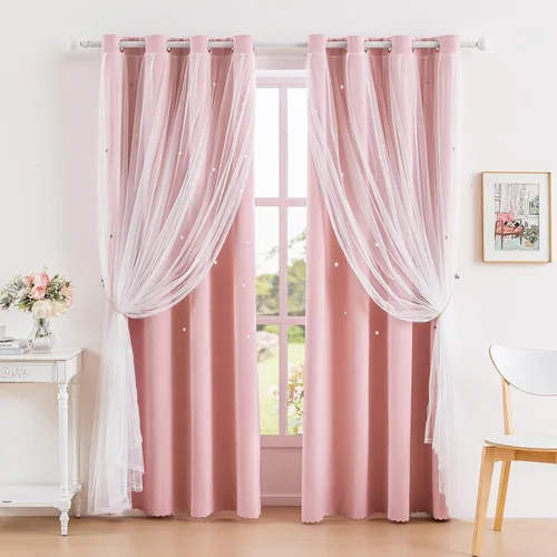 Vista 19 de Anytime - Cortinas para dormitorio de niñas con estrella hueca, cortinas opacas para habitación de niños, cortinas largas para oscurecer la Beige