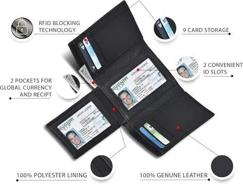 Vista 4 de Carteras de cuero de plegado tríptico para hombres con interferencia de radiofrecuencia RFID bolsillo frontal y 9 ranuras para tarjetas de crédito