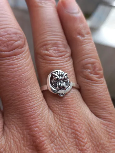 Vista 6 de Anillo de mujer de plata de ley 925 con búho y luna creciente