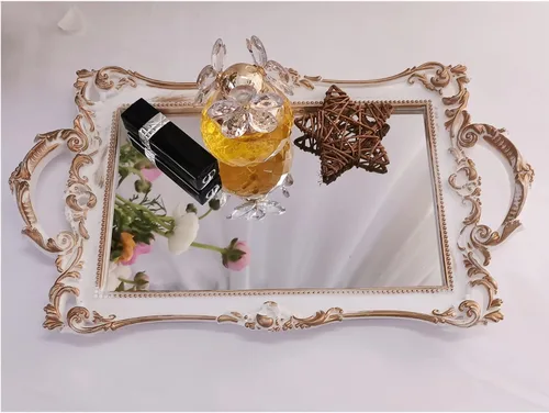 Vista 10 de Bandeja Espejo Decorativa Rectangular Pequeña, Estilo Francés, Organizador de Maquillaje, Organizador de Joyas, Bandeja para Servir, 13" x 7.8