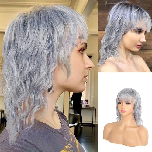 Vista 2 de CINHOO Pelucas cortas de salmonete gris para mujeres negras, pelucas de corte Pixie con flequillo, pelucas rizadas de los años 70, 80, 90, pelucas