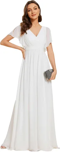 Ever-Pretty Vestido formal de gasa con cuello en V y mangas con volantes y busto fruncido hasta el suelo 0164A-USA