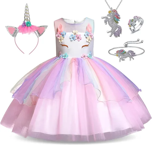 Vestido de princesa unicornio para niñas pequeñas disfraz joyas y diadema