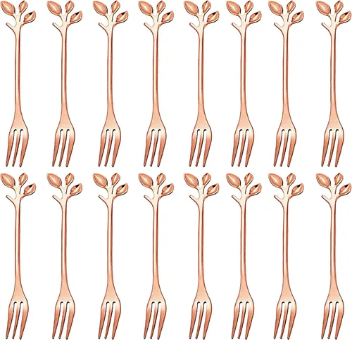 Vista 12 de Comicfs Juego de 16 tenedores creativos de acero inoxidable con hojas de oro, para tartas y frutas, 4.7 pulgadas, para degustación de postres