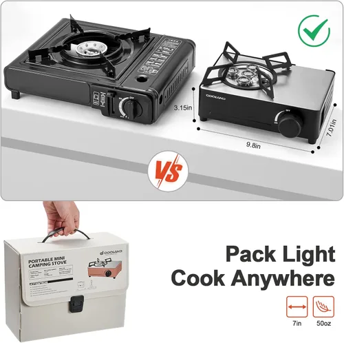 Vista 5 de Odoland Estufa de butano para campamento 7500BTU con funda de transporte compacta, estufa de gas portátil certificada por CSA para mochileros, Negro