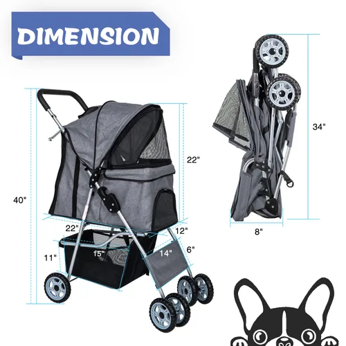 Vista 8 de Cochecito para perros pequeños, cochecito para mascotas, carrito plegable, ligero, impermeable, con cesta de almacenamiento para cachorros, perros