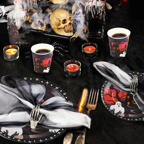 Vista 5 de DIYASY Halloween Plates and Napkins Party Supplies, Paper Plates and Cups Sets Disposable Dinner Dessert Plate Bulk Black Cute Appetizer Plate for