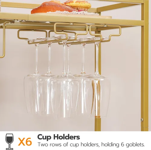 Vista 9 de HOOBRO Carrito de bar para el hogar, carrito de barra de oro, carrito de servicio de bar de 2 niveles con estante para vino y soporte para vidrio