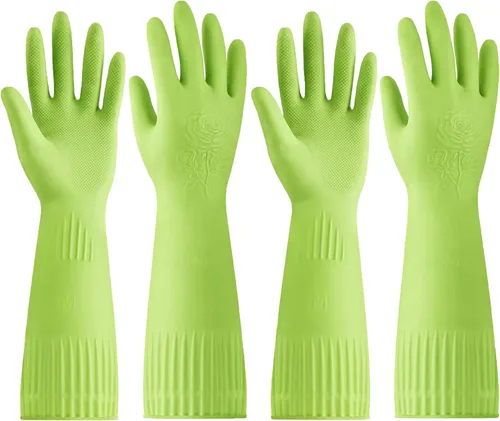 Disfore Guantes de goma para lavar platos para limpieza de cocina, 2 pares de guantes largos de limpieza doméstica para lavar platos