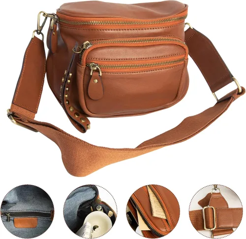 Vista 5 de AZXCG Cangurera de cuero, bolsa cruzada para mujer, bolsa de cintura de piel de vacuno, bolsa para cinturón con correa ajustable, bolsa de cadera