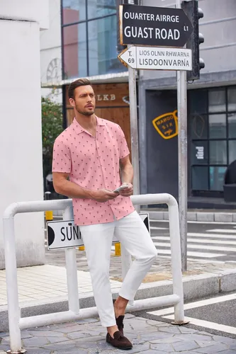 Vista 4 de COOFANDY Camisa casual con botones para hombre, manga corta, sin arrugas, camisa de verano