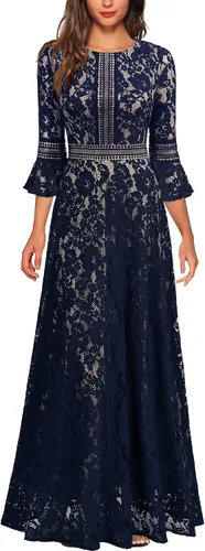 MISSMAY - Vestido largo formal con mangas de campana, hecho totalmente en encaje, estilo vintage, para mujer
