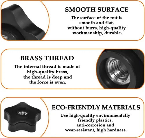 Vista 4 de Aifeier ET 4 piezas de tuercas de sujeción con perilla de rosca hembra de 3/8"-16 en negro de nylon con cabeza en forma de estrella de 5 puntas