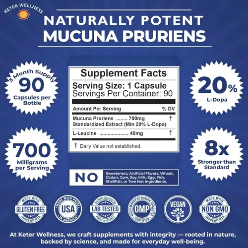Vista 3 de Mucuna Pruriens 20% L-Dopa – Standardized Velvet Bean Extract for Natural Dopamine, Focus & Mood Support – Pure 8:1 Concentrated Herbal Supplement