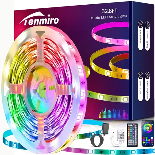 Tenmiro Tira de luces LED de 32.8 pies, RGB LED inteligente con sincronización de música que cambia de color, tiras de luces LED con control remoto