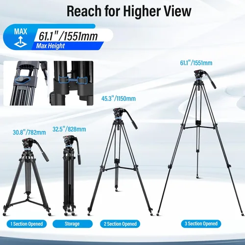 Vista 2 de SIRUI Trípode de Video AM-15S, trípode de servicio pesado con cabezal fluido para cámaras, esparcidor de nivel medio, placa de liberación rápida