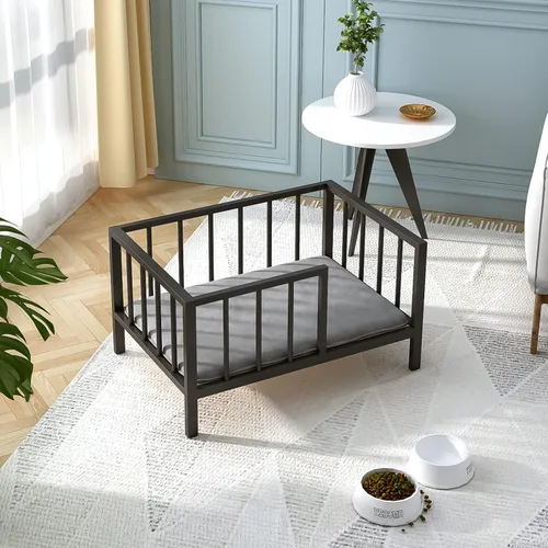 Vista 5 de Cama para perros con rieles, marco de cama elevado de metal para mascotas con tablero de madera maciza y tapete suave lavable para perros pequeños