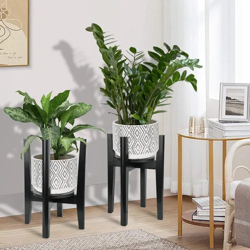 Vista 5 de Soporte ajustable para plantas con bandeja, soporte de madera para plantas de interior para macetas de 8 a 12 pulgadas, moderno soporte para macetas