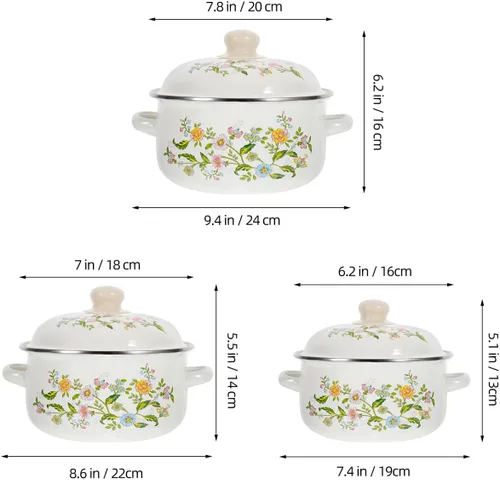 Vista 2 de Luxshiny Juego de 3 macetas de sopa esmaltadas con asas, ollas pequeñas para cocinar fideos, sopas, salsas y alimentos para bebés, parte inferior