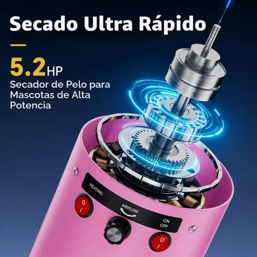 Vista 3 de Secador de pelo para perros de alta velocidad 5.2HP/3800W, temperatura ajustable continua, secadora de pelo para perros, secador de pelo