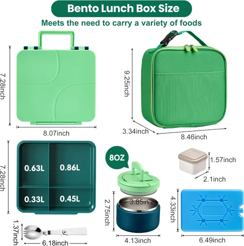 Vista 7 de Lonchera Bento con termo de sopa de 8 onzas, recipientes de comida para niños a prueba de fugas con 4 compartimentos con taza de salsa y bolsa