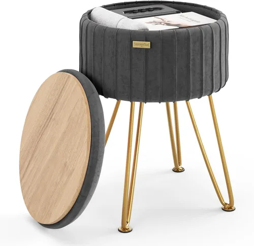 Vista 14 de STORAGEBUD Otomana redonda con almacenamiento, otomana de almacenamiento de bouclé, taburetes otomanos, taburete de tocador de maquillaje, pequeños