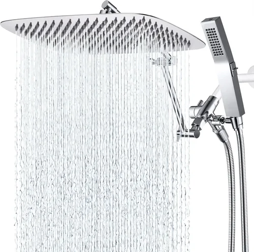 Vista 14 de G-Promise Cabezal de ducha de metal de 10 pulgadas con combo de rociador de mano, desviador de 3 ajustes, brazo de extensión ajustable con juntas
