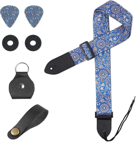 Vista 26 de QIELIZI Correa ajustable para guitarra incluye 2 cierres de correa y 2 púas a juego y 1 portapúas y 1 botón de correa de cuero.