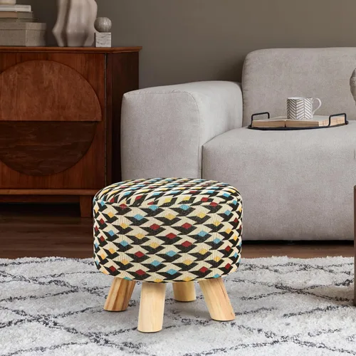 Vista 2 de Asense Taburete otomano redondo pequeño con reposapiés acolchado de tela con patas de madera antideslizantes (multicolor, tela)