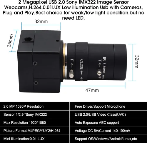 Vista 6 de ELP - Cámara USB de lente varifocal de 5-50mm 1080P con alta definición H.264 Sony IMX323, cámara web para Android, Linux, Windows, video industrial