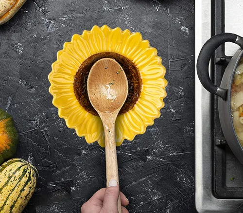 Vista 5 de Soporte de cuchara de cerámica en forma de girasol - 2 piezas para estufa y mostrador